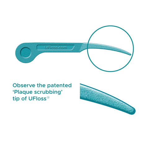 UFloss dental pick showing patented micro-cratered tip for plaque removal