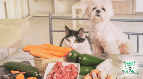 Dog and cat at dinner table with various meats and vegetables and Pet Pick logo in bottom-right corner