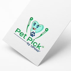 Pet Pick by UFloss logo of a happy tooth with two Pet Pick products on either side