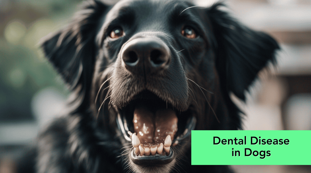 Large, friendly black dog with open mouth smiling beside the words, "Dental Disease in Dogs"