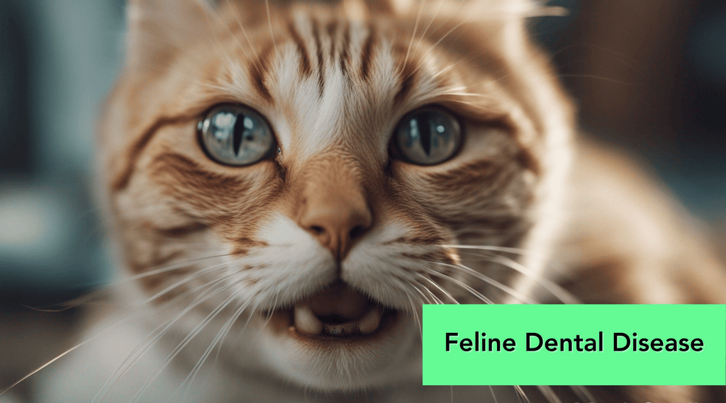 Orange and white tabby cat with mouth slightly open looking into camera with words, "Feline Dental Disease" in green box
