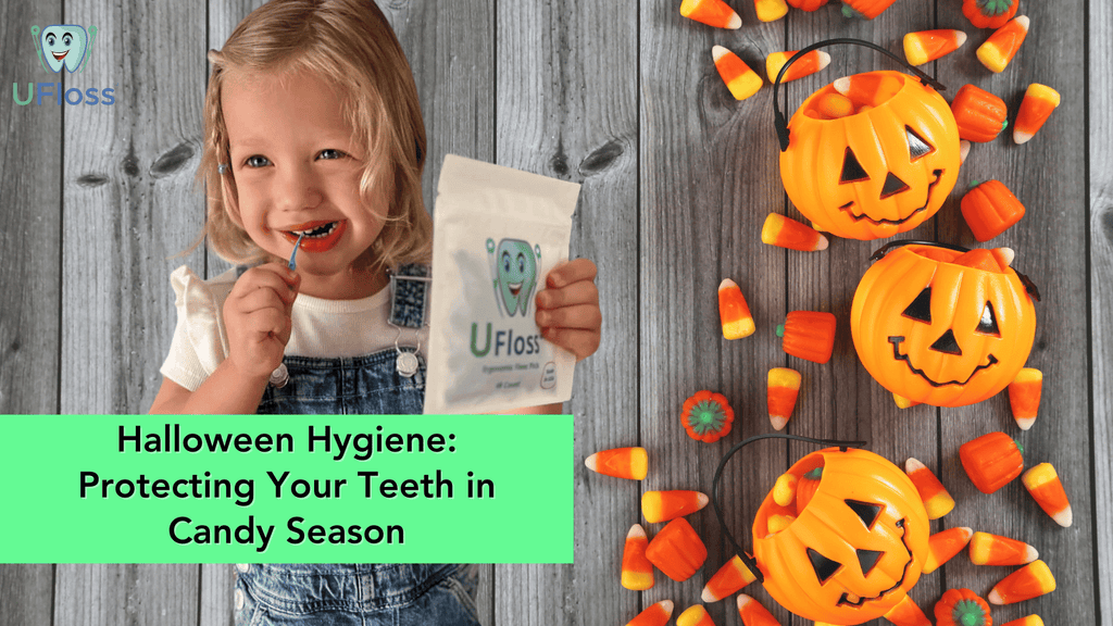 Toddler using UFloss dental pick beside Halloween candy and pumpkin pails and the words, "Halloween Hygiene Protecting Your Teeth in Candy Season"