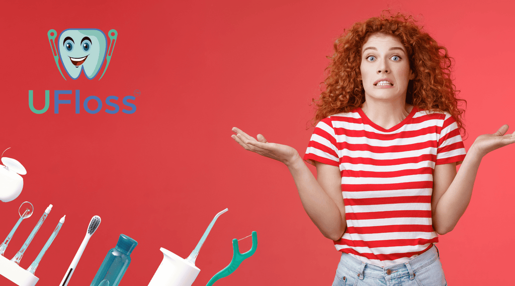 Red haired woman shrugging against red background with dental products and floss alternatives in bottom left corner. UFloss dental hygiene product logo in top left corner