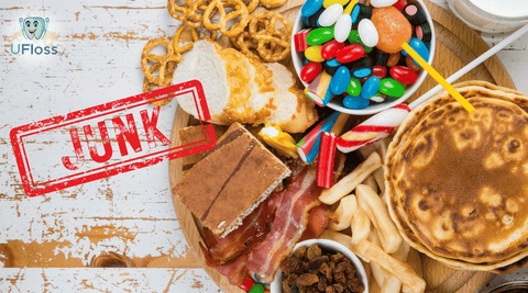 Various sweets, desserts and junk food with a "Junk" stamp in red