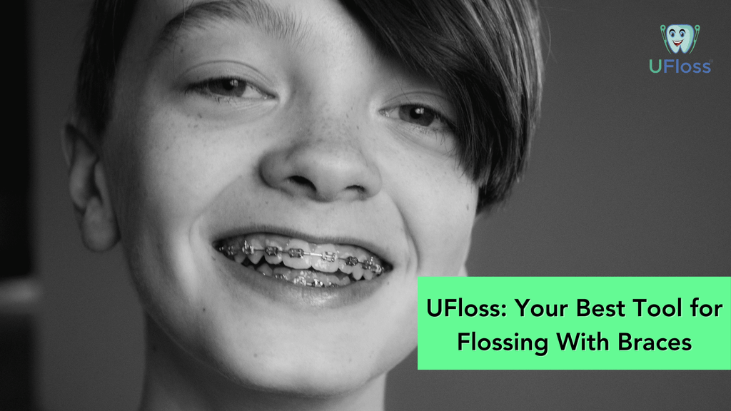 Young teenager showing a big smile with mouth full of braces beside green text box that reads, "UFloss: Your Best Tool For Flossing With Braces"