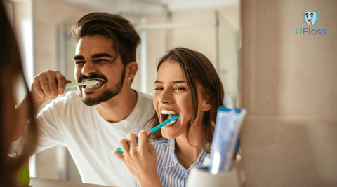 Man and woman brushing teeth together in front of mirror