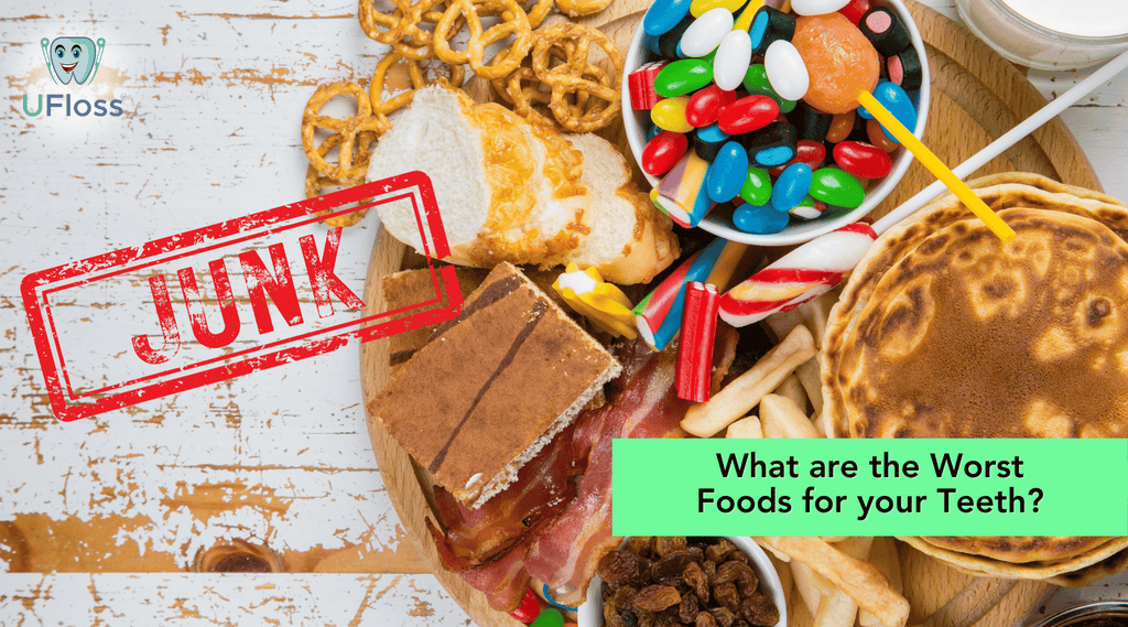 An assortment of unhealthy, sugary junk food and the text, "What are the Worst Foods for your Teeth?"