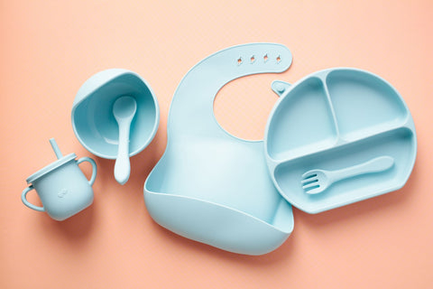 silicone feeding set including bowl, plate, cup, fork and spoon