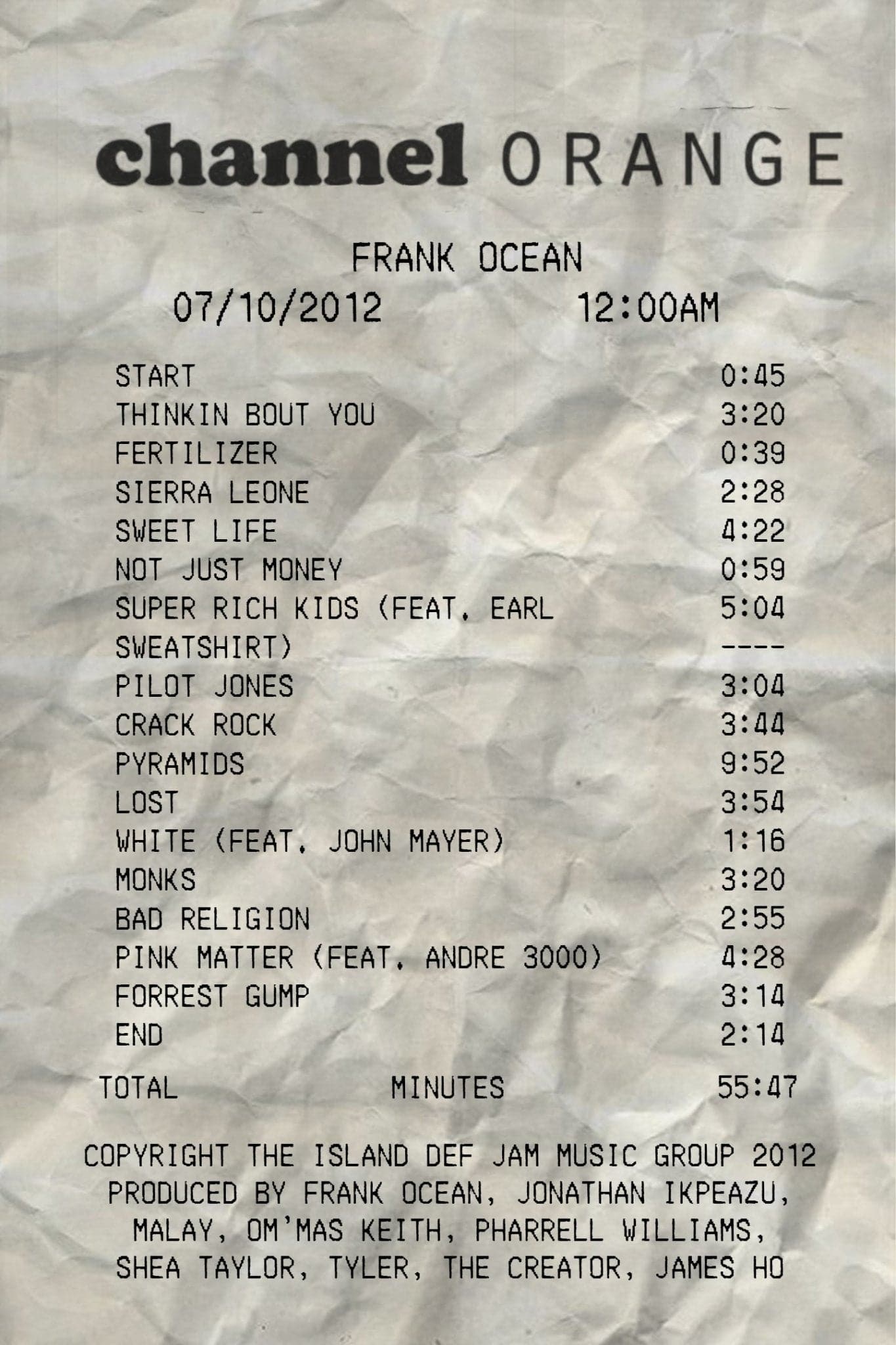 Frank Ocean 'Channel Orange Tracklist' Poster