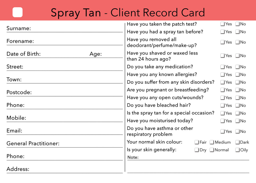 client card spray tan record consultation cards treatment beauty pack