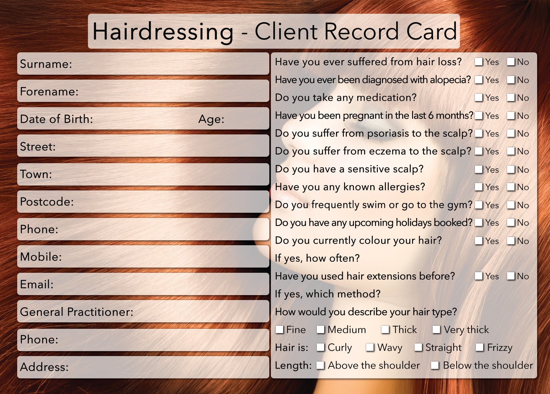 New Hairdressing Client Card Treatment Consultation Card | Free Nude