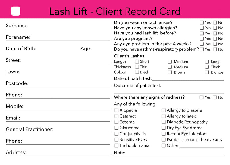 Salon and Therapist Customer Consultation Record Profile and Recording Form...