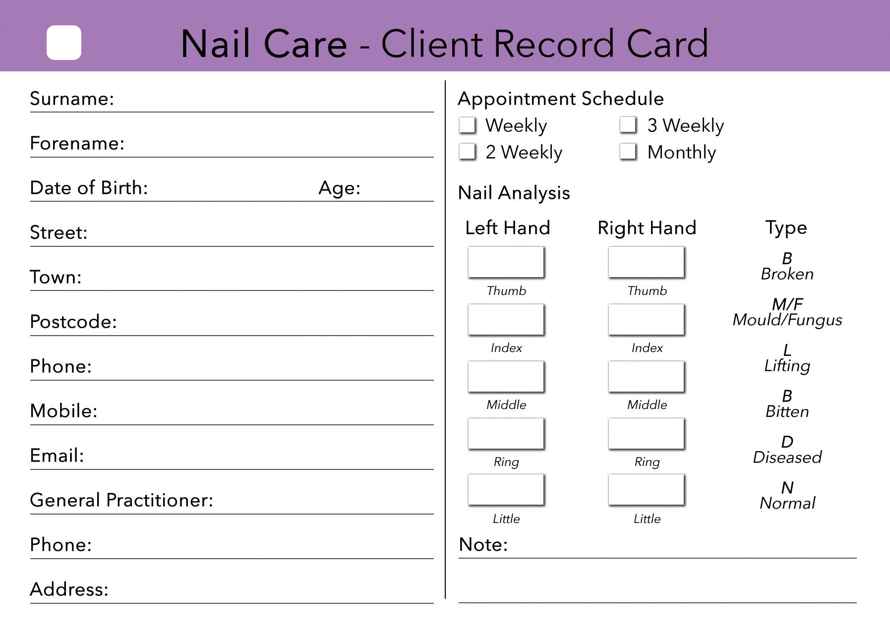 Client consultation form nail technician