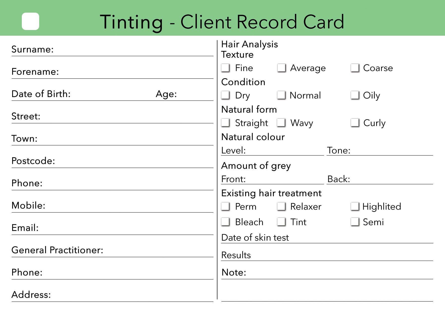 Nail salon client consultation form