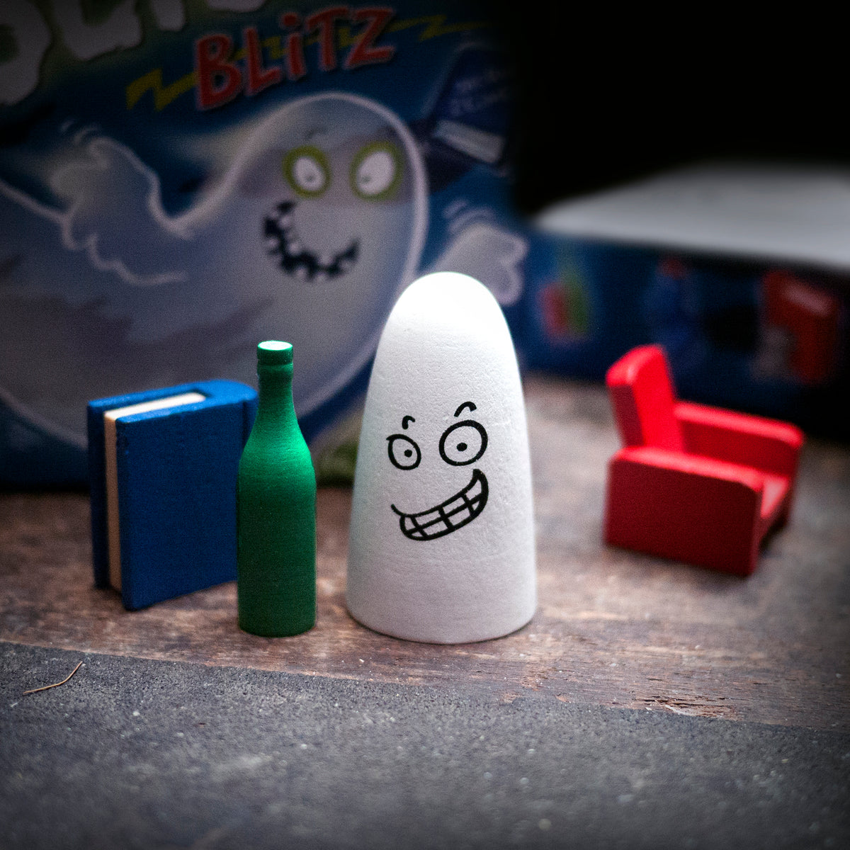 Ghost, bottle, book, chair wooden figures