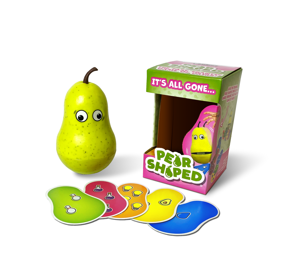 Pear shaped game box with pear and cards outside of it