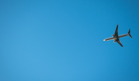 A commercial airplane flying in a clear blue sky