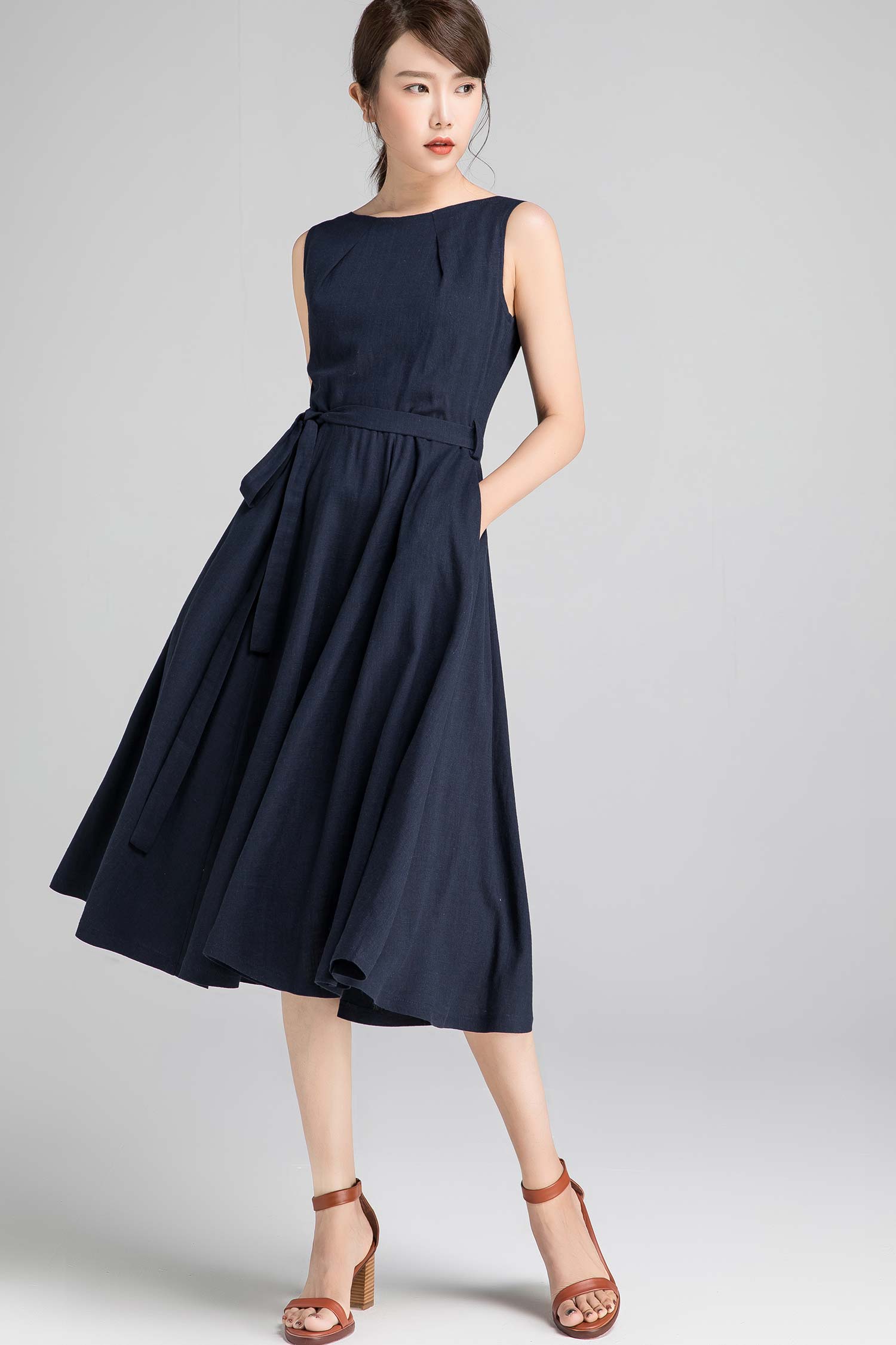 Xiaolizi handmade 50s sleeveless swing midi dress in Blue 1401##N ...