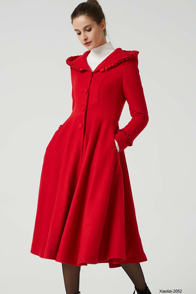 long red wool dress coat with ruffle details 2052 – XiaoLizi