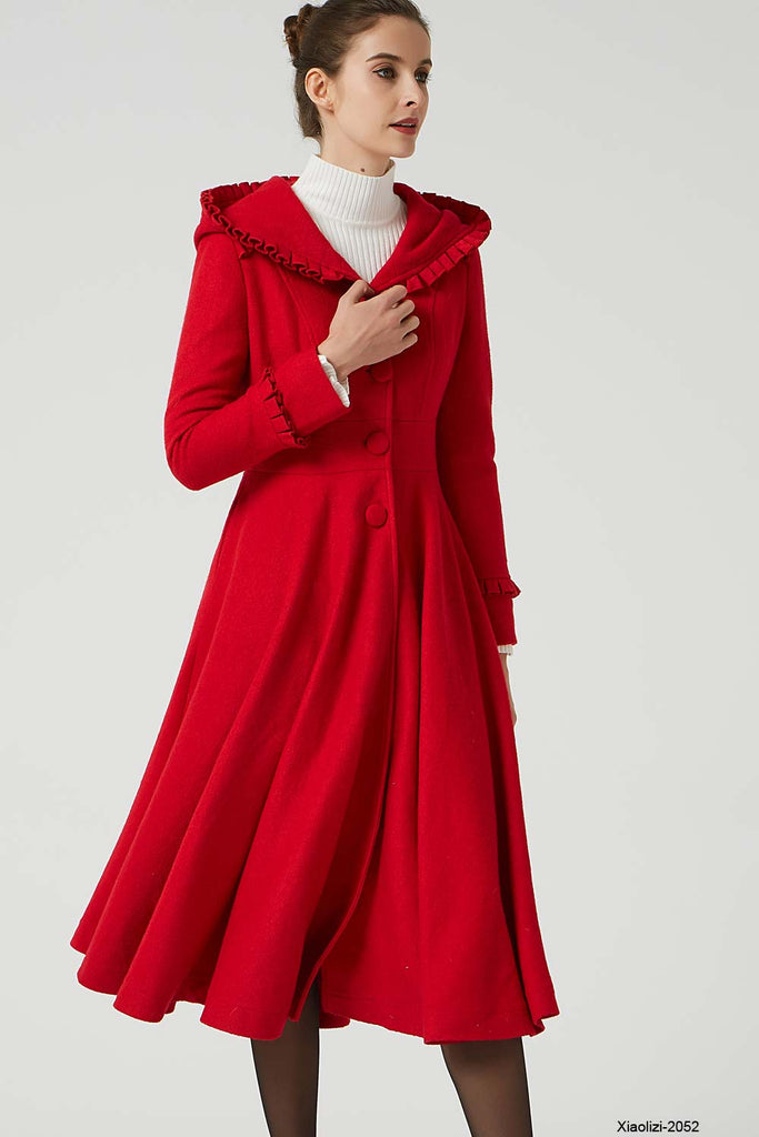 long red wool dress coat with ruffle details 2052 – XiaoLizi