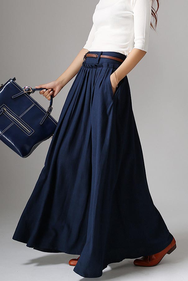 Classic pleated maxi linen Skirt 1046 