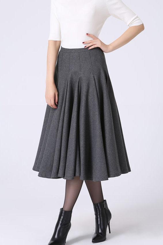 Light gray wool swing skirt, elegent women's pleated skrit for winter ...