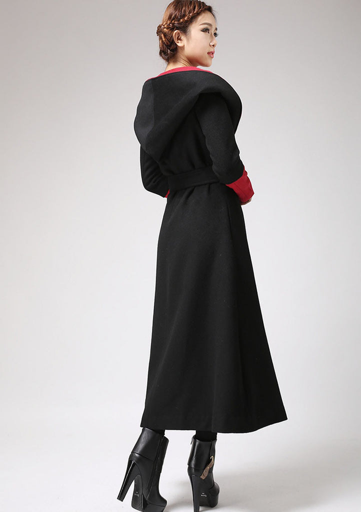 Black & Red wool Coat - Long Maxi Warm Winter Coat Double Breasted wit ...