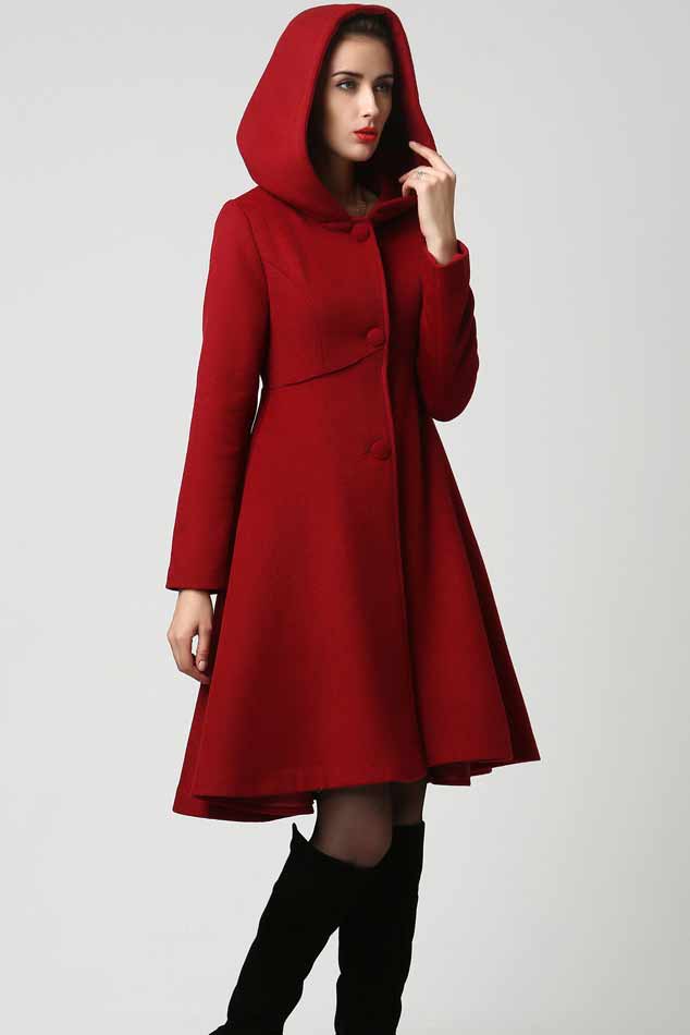 Red wool coat with big hood, timeless swing coat 1117# – XiaoLizi