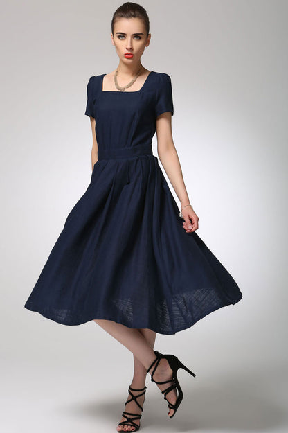 Navy blue linen dress midi women dress 1261# – XiaoLizi