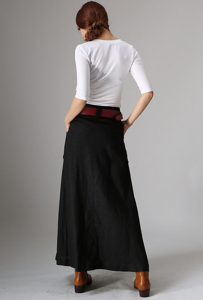 Black linen skirt with Big Pocket Detail - womens long skirt - Classic ...
