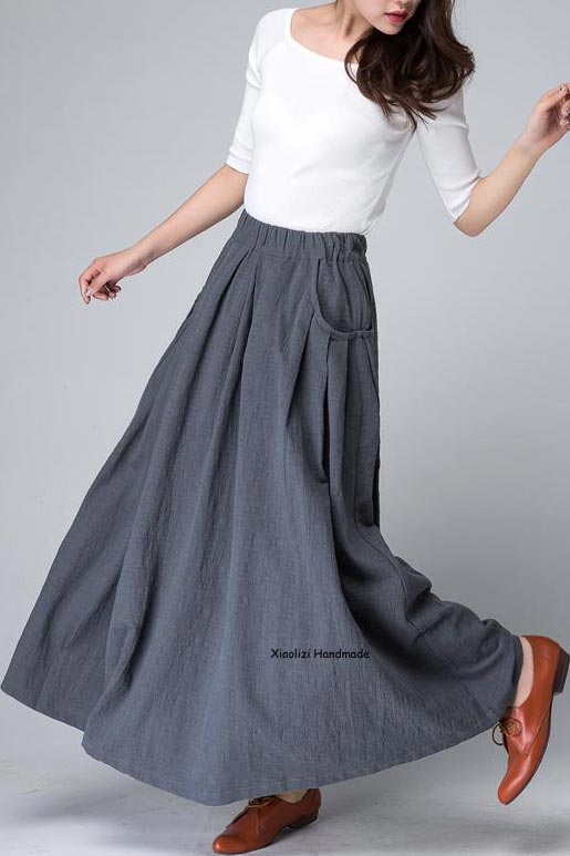 Linen maxi Skirt, Classic pleated Skirt with Side Pockets – XiaoLizi