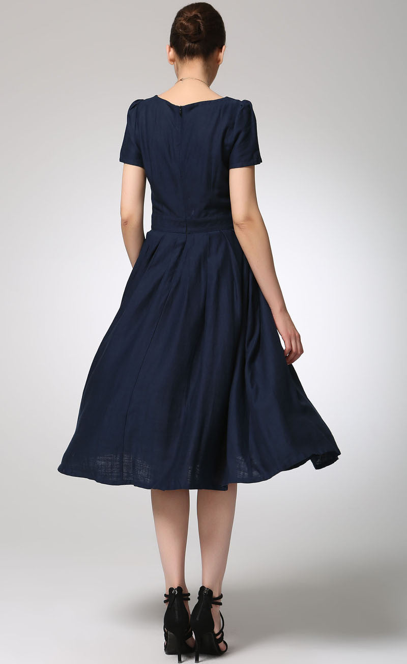 Navy blue linen dress midi women dress 1261# – XiaoLizi