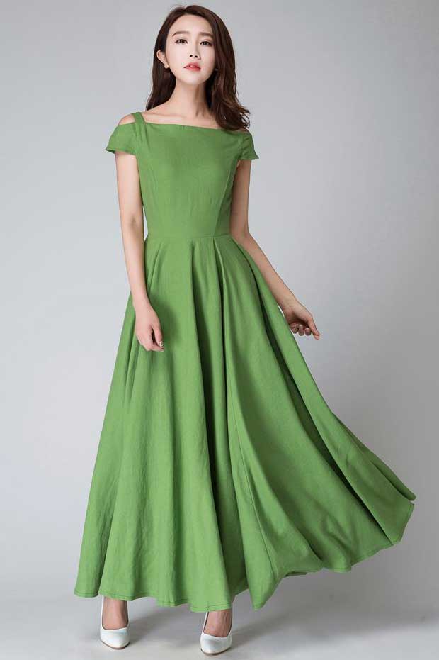 off shoulder dress, Green dress, full length dress 1531# – XiaoLizi