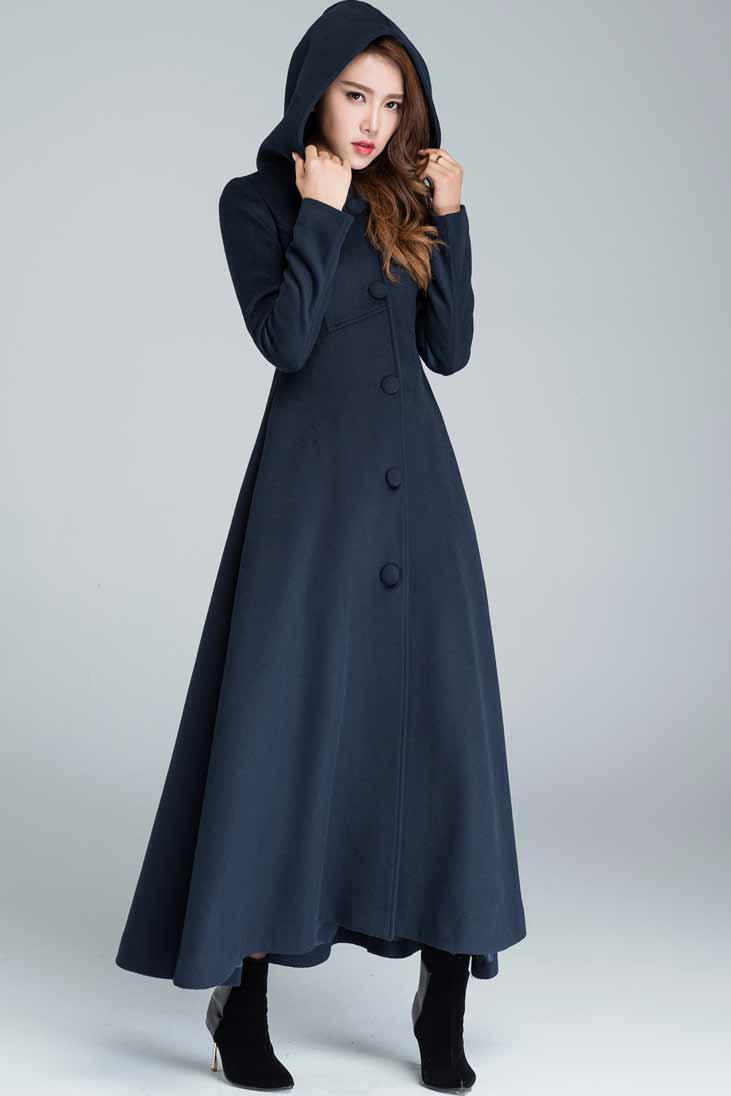 Navy blue maxi wool coat with hood 1637# – XiaoLizi