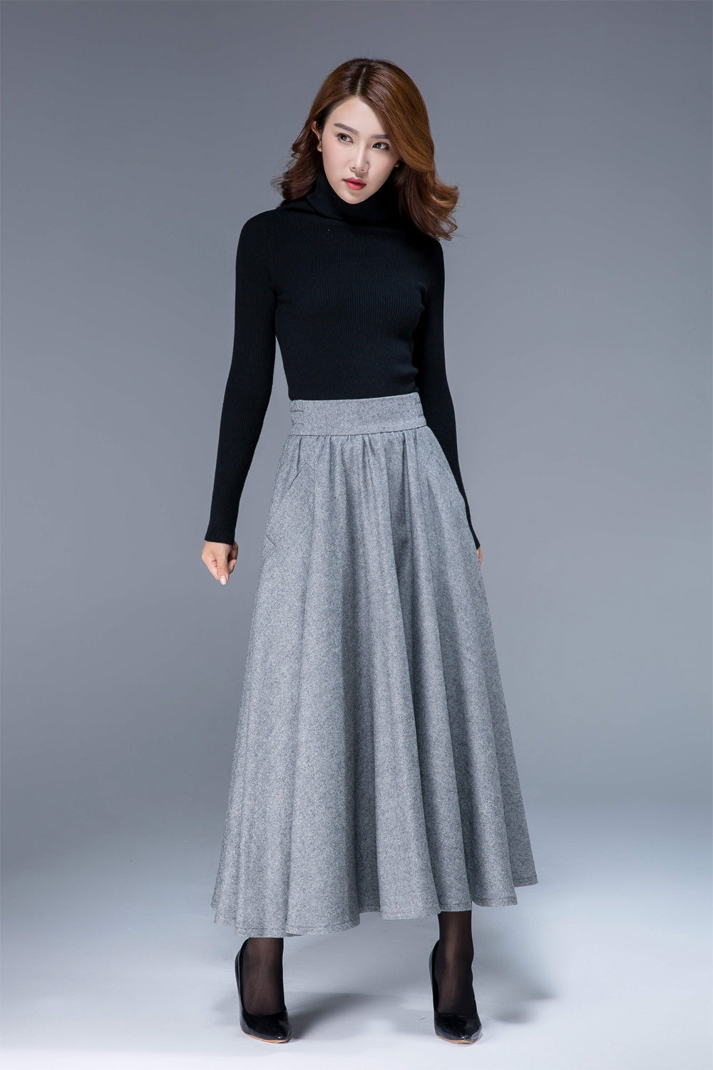 wool pleated skirt, gray skirt, elastic waist skirt, full skirt, flowy ...