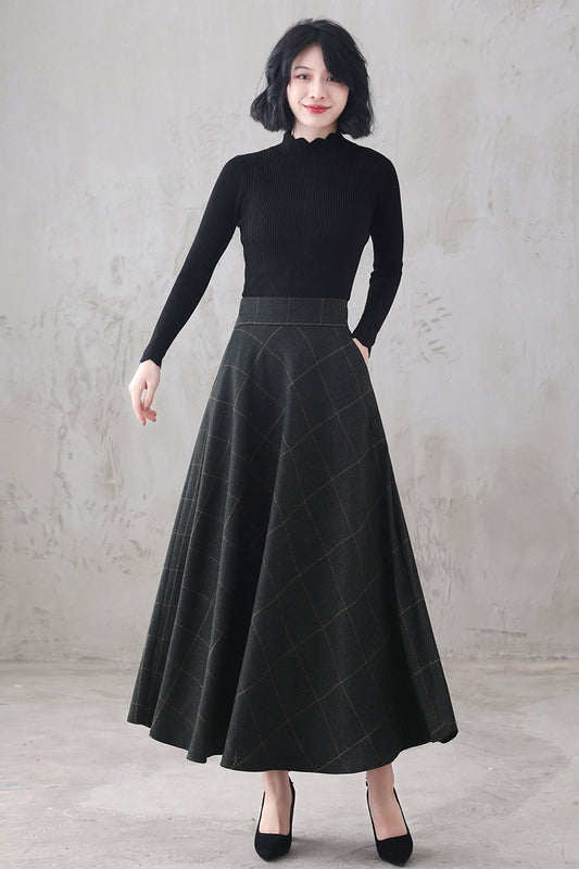 Coffee Plaid Wool Maxi Skirt, Retro Long Skirt 311901