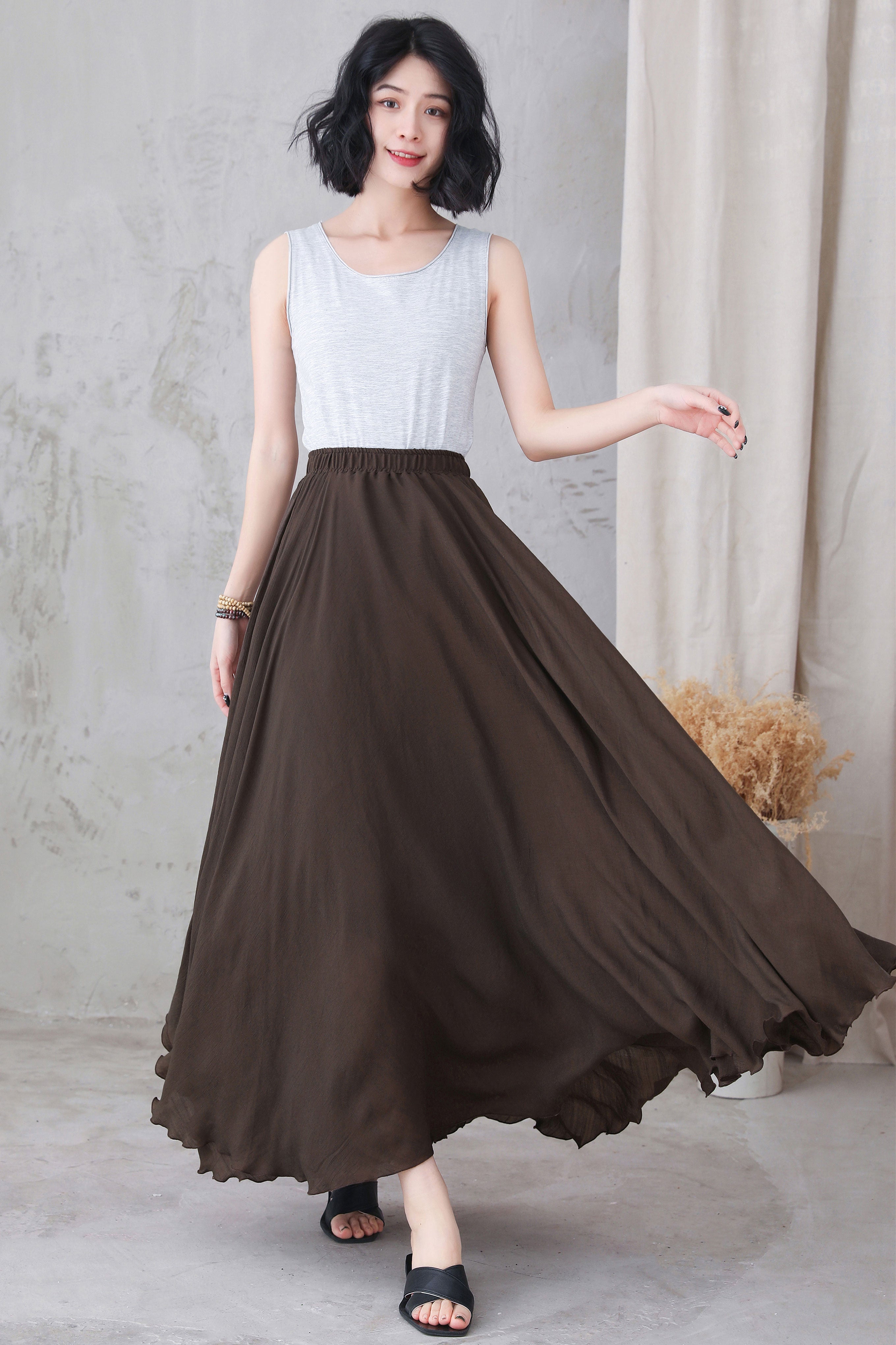 Brown Linen maxi Boho Skirt 3300 – XiaoLizi