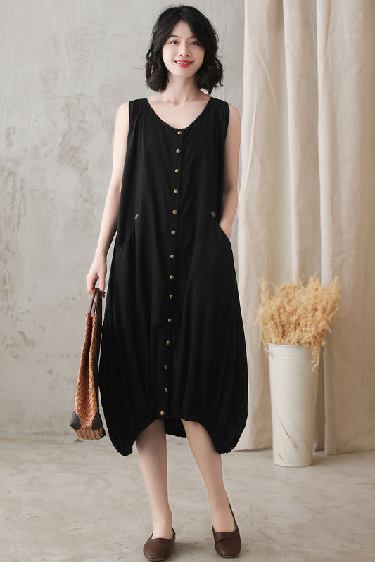 Plus Size Loose Waist Cotton Linen Dress 2729