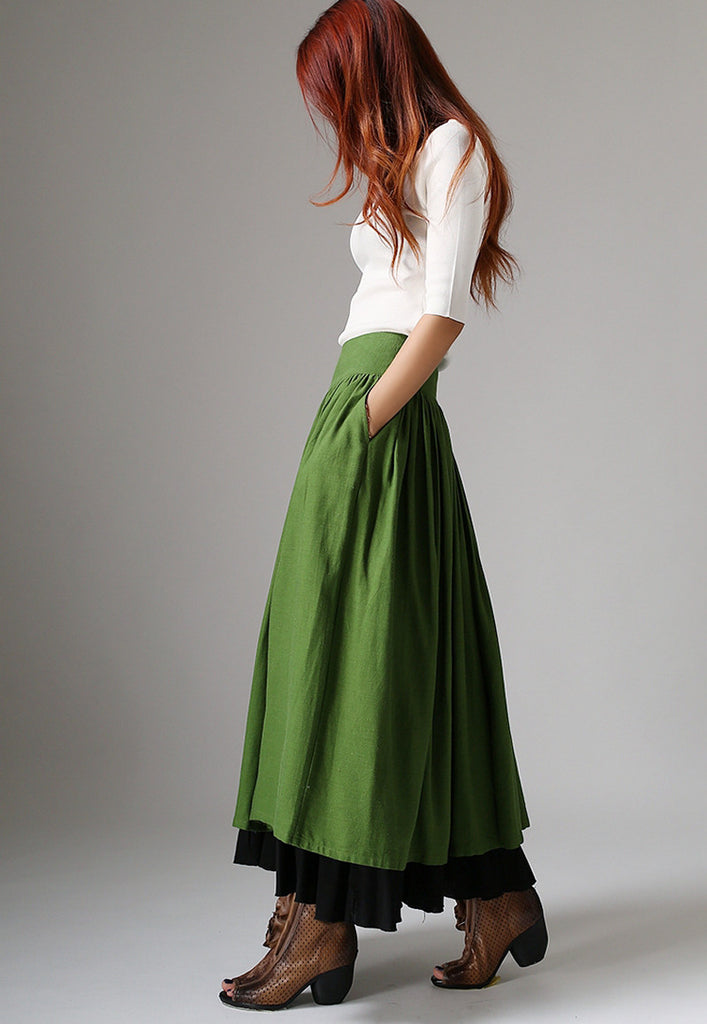 Long Linen Maxi Skirt - Forest Green Long Gathered Full Women Skirt Wi