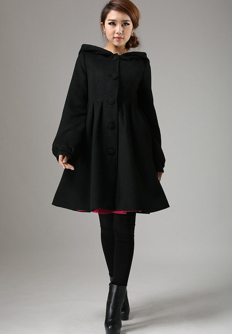 long sleeve wool jacket coat with hood in black 730# – XiaoLizi