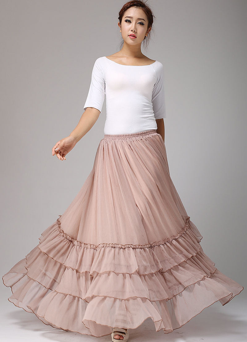 long chiffon tiered maxi skirt women skirts in blush pink 0663# – XiaoLizi