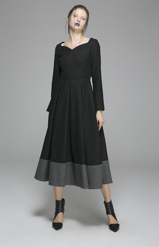 winter dress women, dark gray wool dress, knee length dress, wool