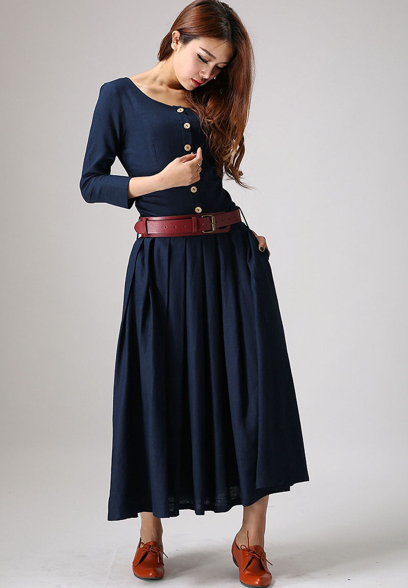 navy blue linen dress - women’s bamboo linen full length dress 881 ...