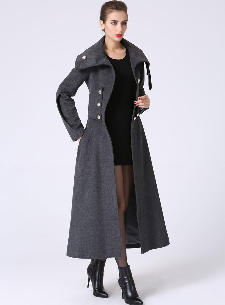 Long Wool Winter Coat - Dark Gray Military Style Tailored Coat (1063 ...