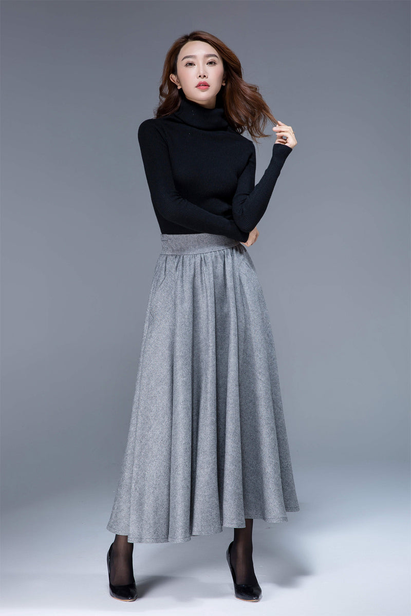 wool pleated skirt, gray skirt, elastic waist skirt, full skirt, flowy ...
