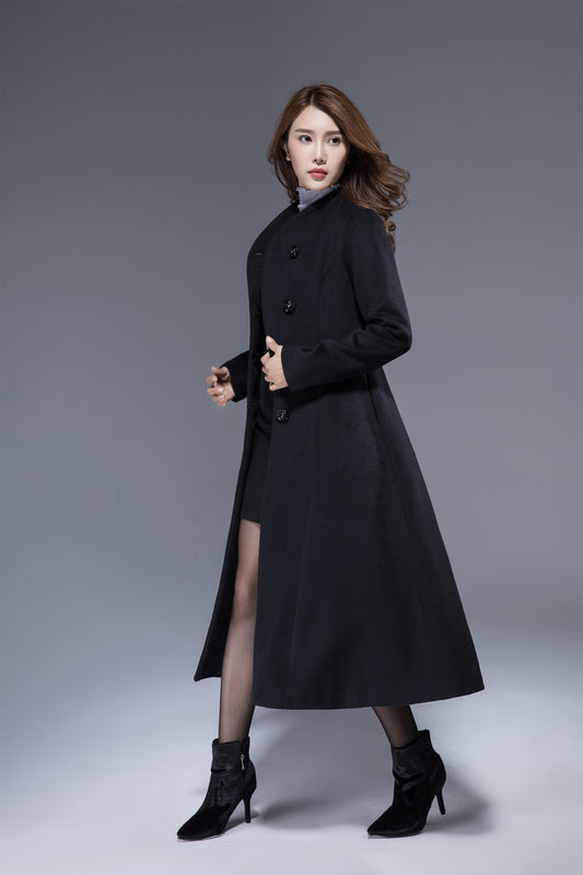 black winter coat, long wool coat, wool jacket, fitted coat, long coat –  XiaoLizi