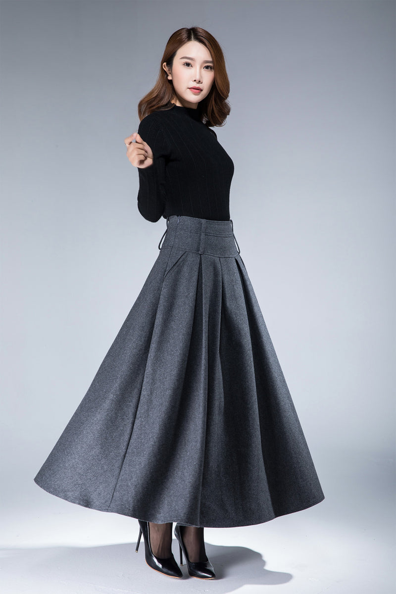 women's vintage pleat maxi wool skirt for winter in grey 1857# – XiaoLizi