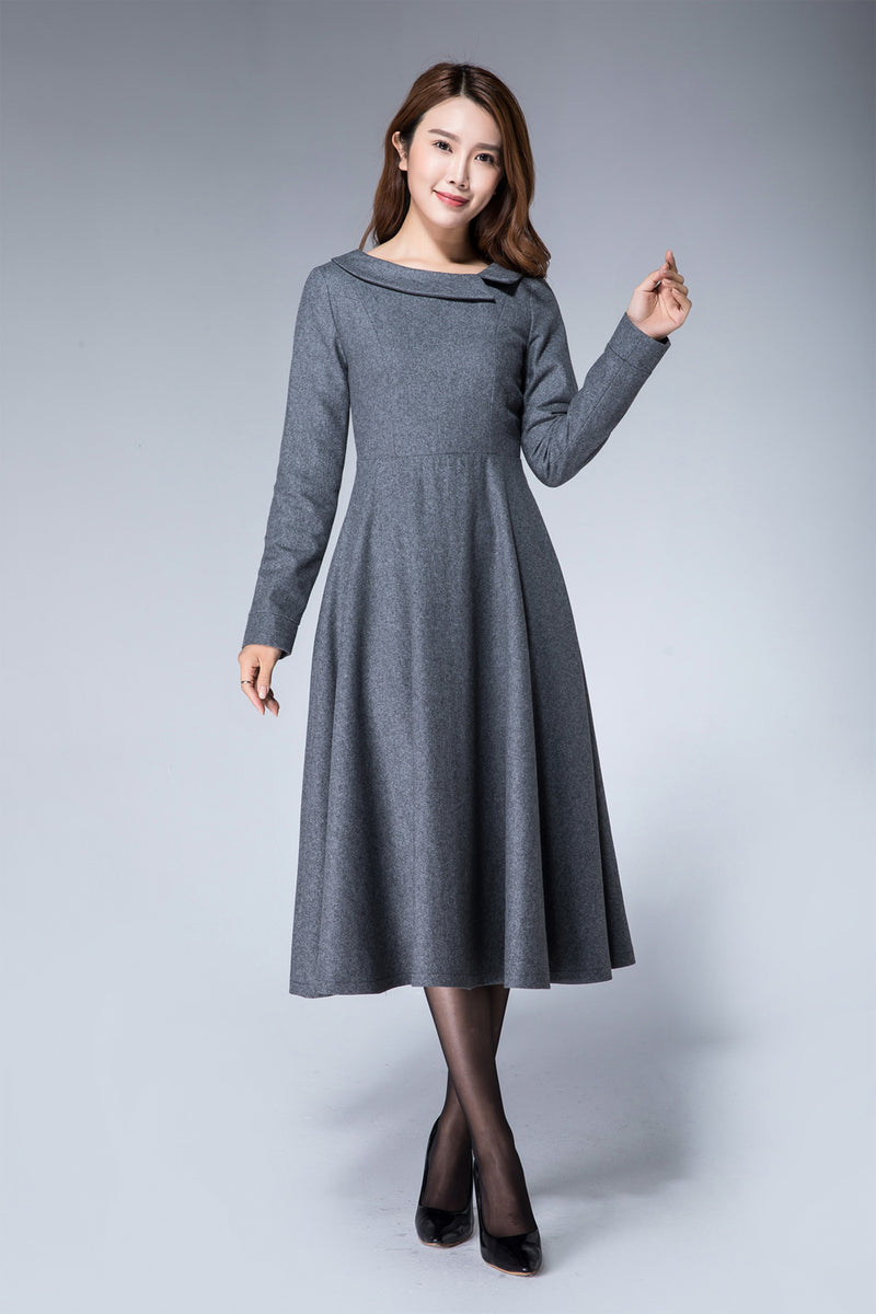warm dress, dark gray dress, wool dress, fitted dress, long dress, eve ...
