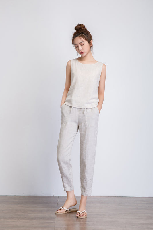 Loose fitting Womens grey linen pants with elastic waist 1930