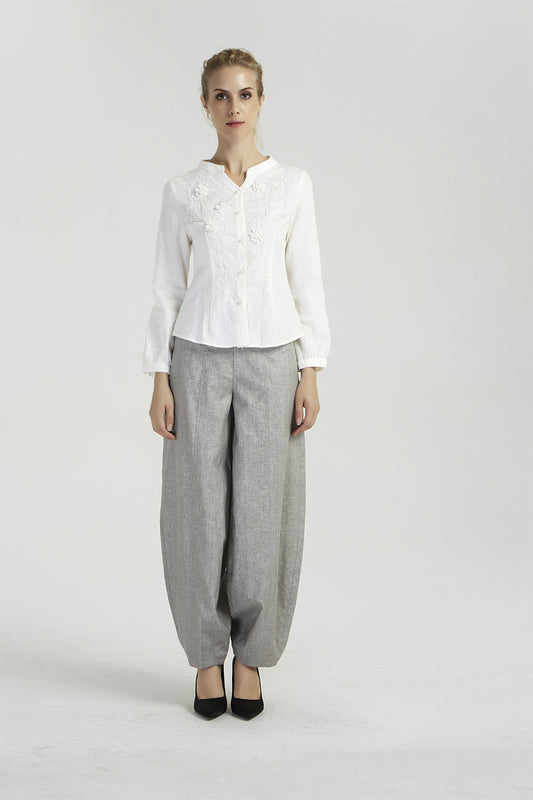 Grey tapered linen pants for Women 1024